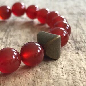 Carnelian Gemstone Boho Beaded Stretch Bracelet Brass Accent - 10mm Beads